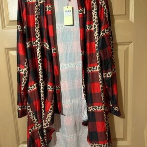 Red and Black Plaid Cardigan with Leopard Details